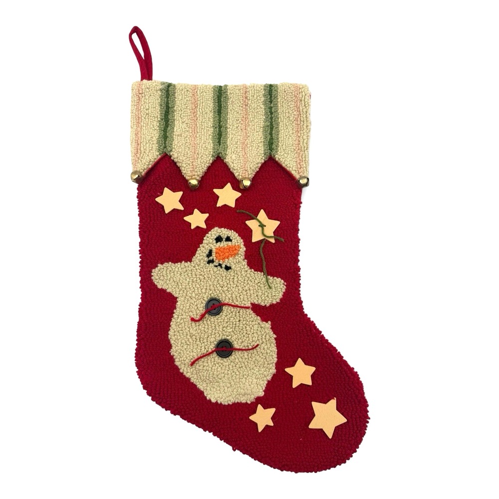 Boston International Hooked Rug Snowman Christmas Stocking 17" Jingle Bells VTG